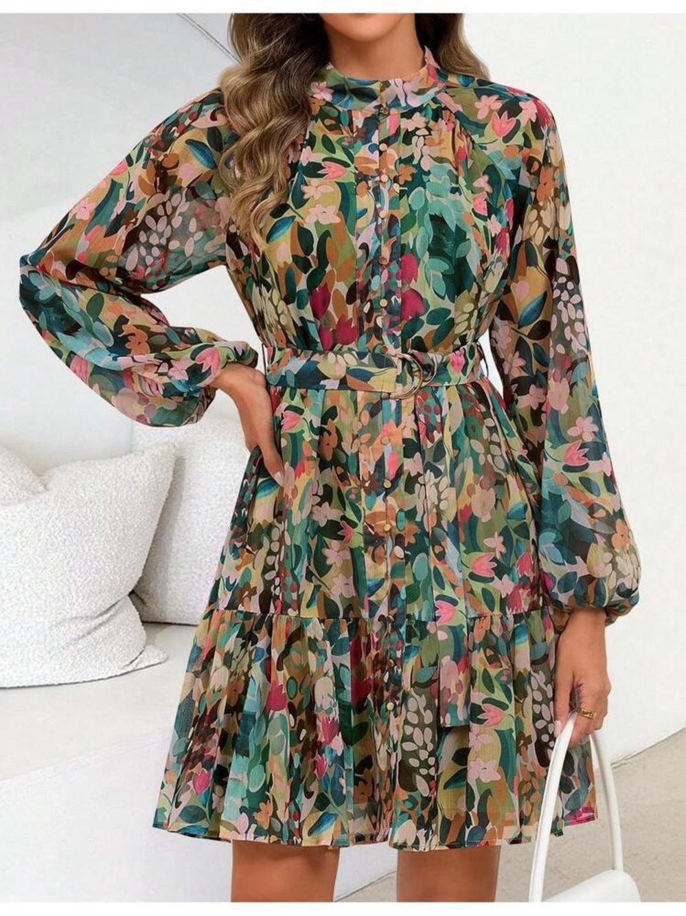 NWT Zesica Floral Multi-Color Belted Chiffon Mini Dress size Medium(8-10)